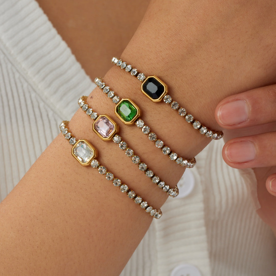 Minimalist Luxury Square Geometric Gold Plated Stainless Steel Bracelet with Cubic Zirconia for Women