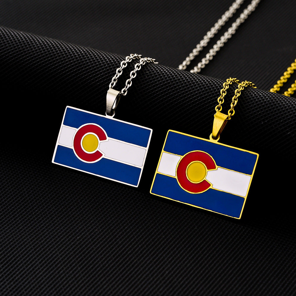 Collar con colgante de la bandera del estado de Colorado, geométrico étnico vintage, de acero inoxidable con acabado esmaltado, con cadena de eslabones, unisex