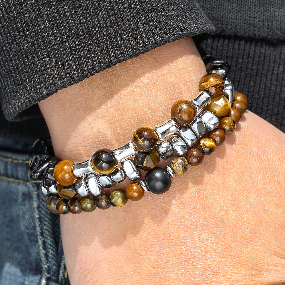 Bracciale elasticizzato con perline geometriche esagonali in ossidiana nera e occhio di tigre, da uomo e unisex, accessorio casual da lavoro e alla moda