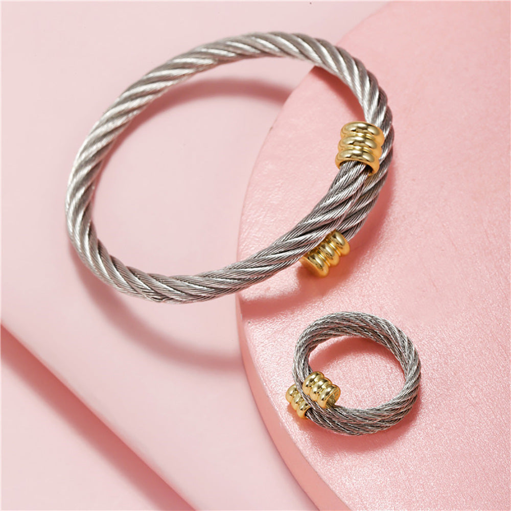 Geometric Round Titanium Steel Plated Micro-Inlaid Bracelet and Ring Set for Unisex