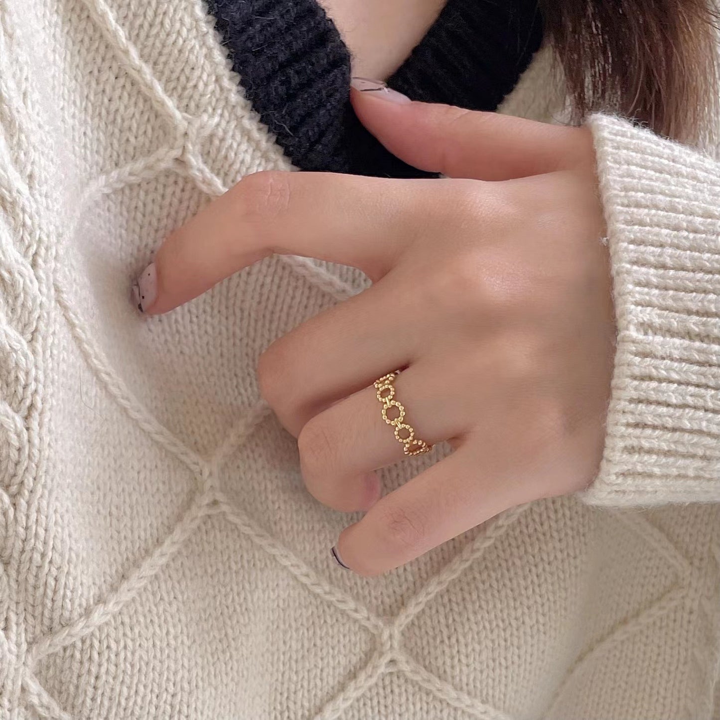 Minimalist 925 Sterling Silver Round Geometric Polka Dot Inlay Ring for Women