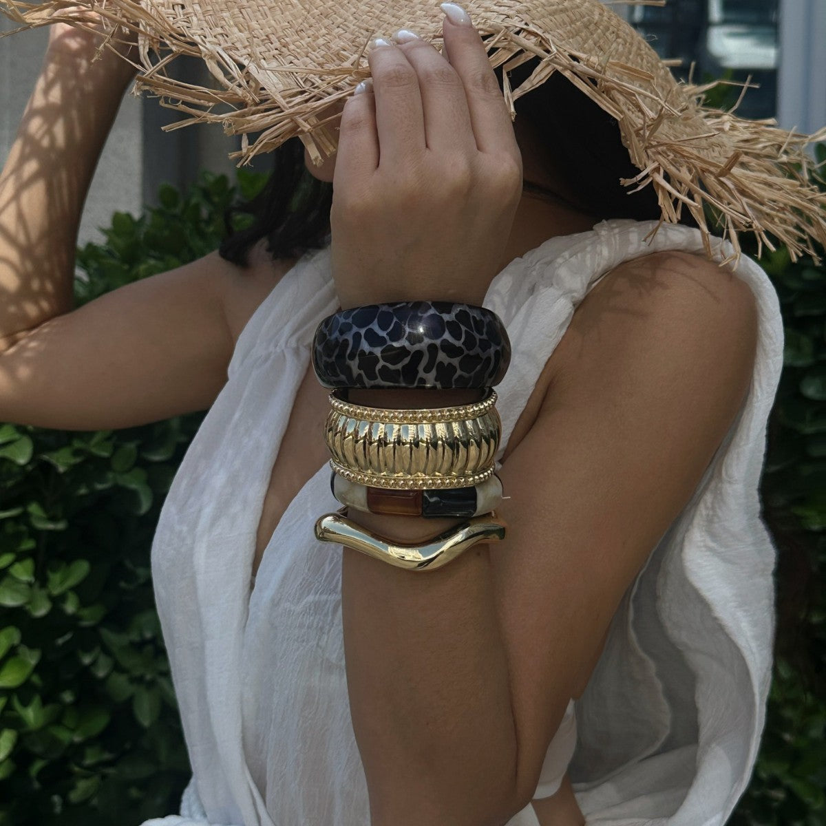 Leopard Print Geometric Alloy Plated Cuff Bracelet