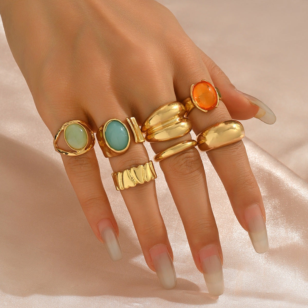 Anillo abierto apilable geométrico minimalista para mujer de aleación de zinc con incrustaciones de gemas, accesorio de moda