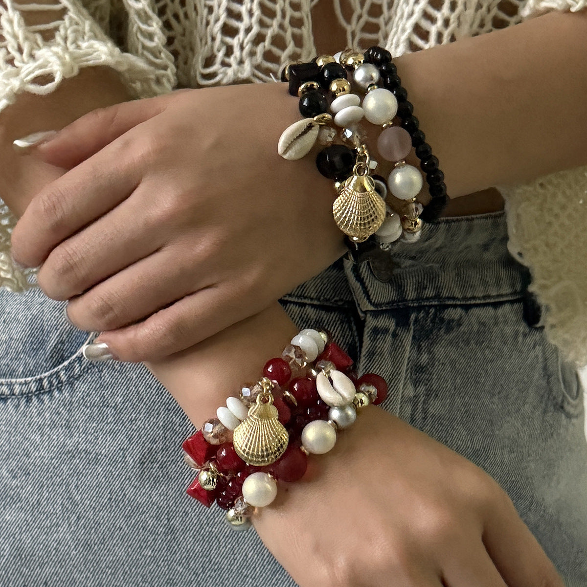 Set di bracciali da donna in stile bohémien con conchiglie e perline geometriche, gioielli per vacanze estive al mare