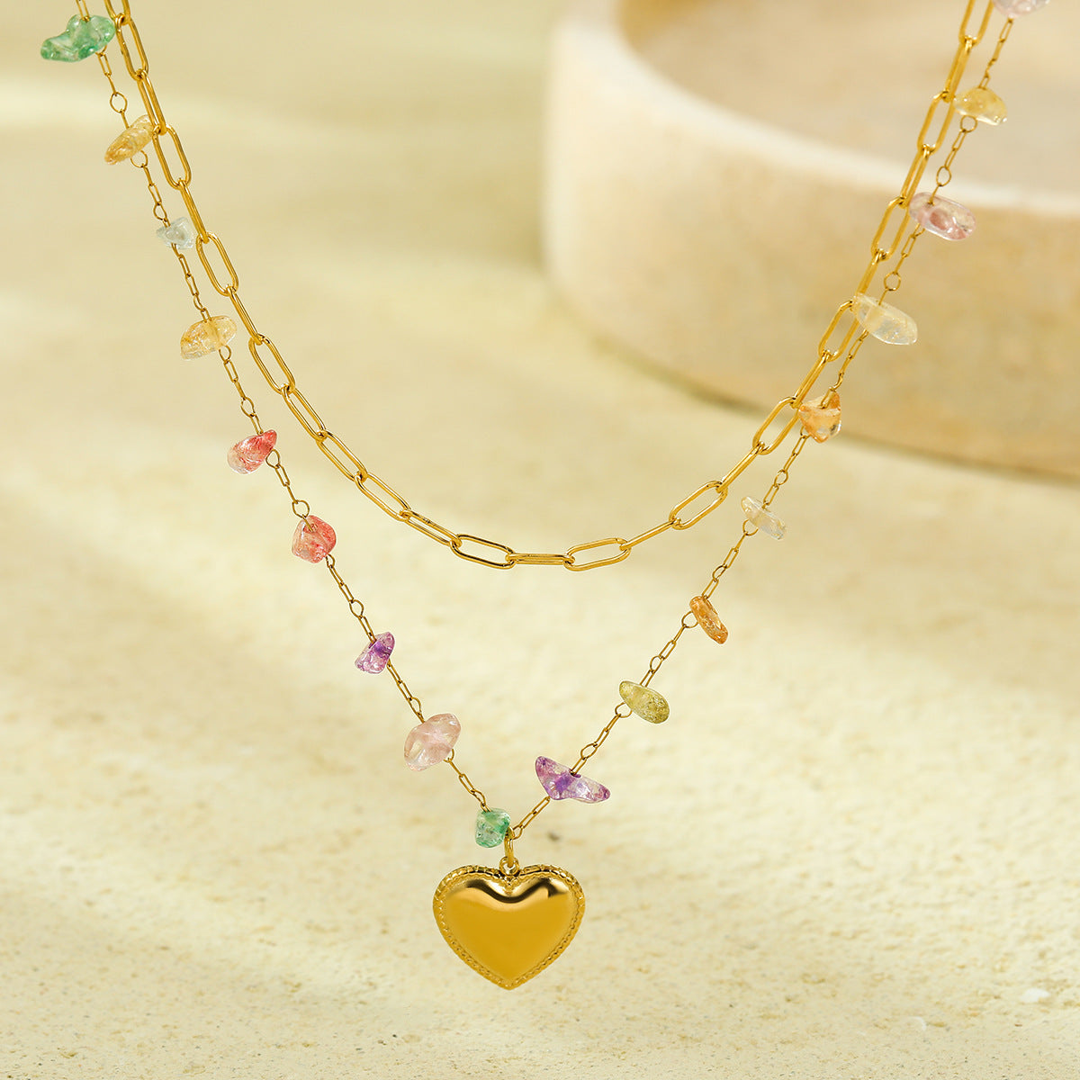 Collana da Donna Elegante a Cuore in Acciaio al Titanio con Placcatura in Oro 18K, Catenina a Doppio Strato Impilabile con Ciondolo