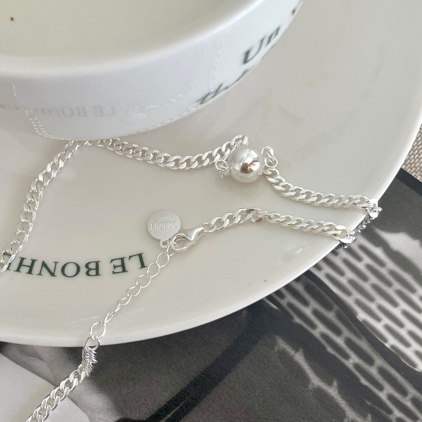 Sweet Minimalist Round Bead Choker Necklace in 925 Sterling Silver with Braided Chain Design