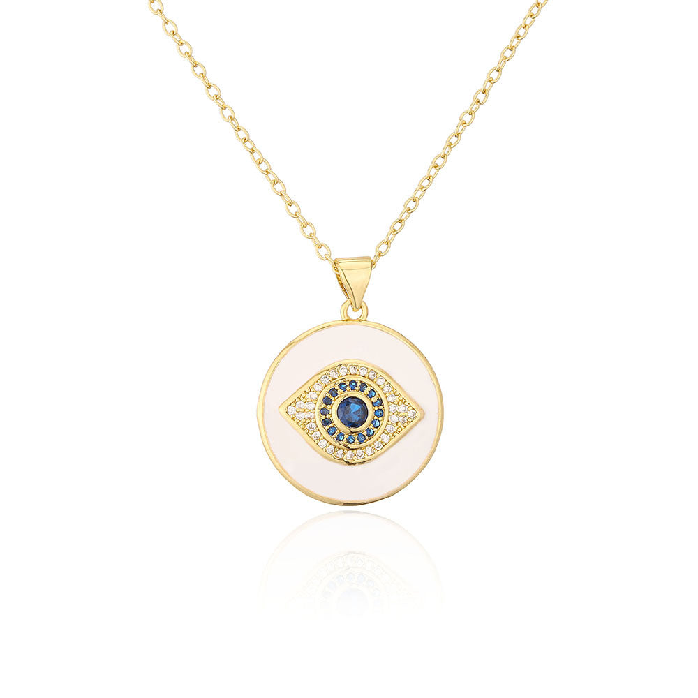 Collana Minimalista Geometrica in Rame Placcato Oro 18K con Ciondolo a Occhio di Allah in Smalto e Intarsio di Zirconi