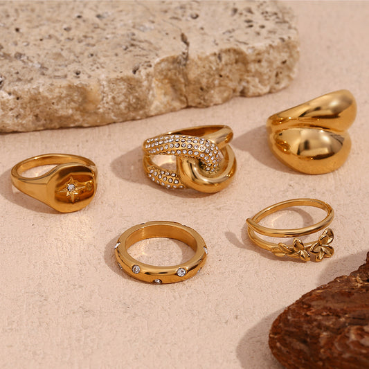Anello in acciaio inossidabile da donna con fiore minimalista e forma geometrica placcato in oro 18K