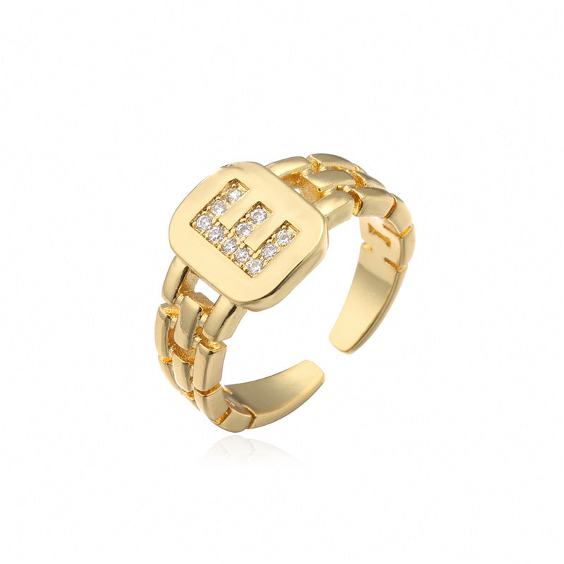 Minimalist Letter Shape Copper Ring with Micro-Pavé Setting Adjustable Geometric Band