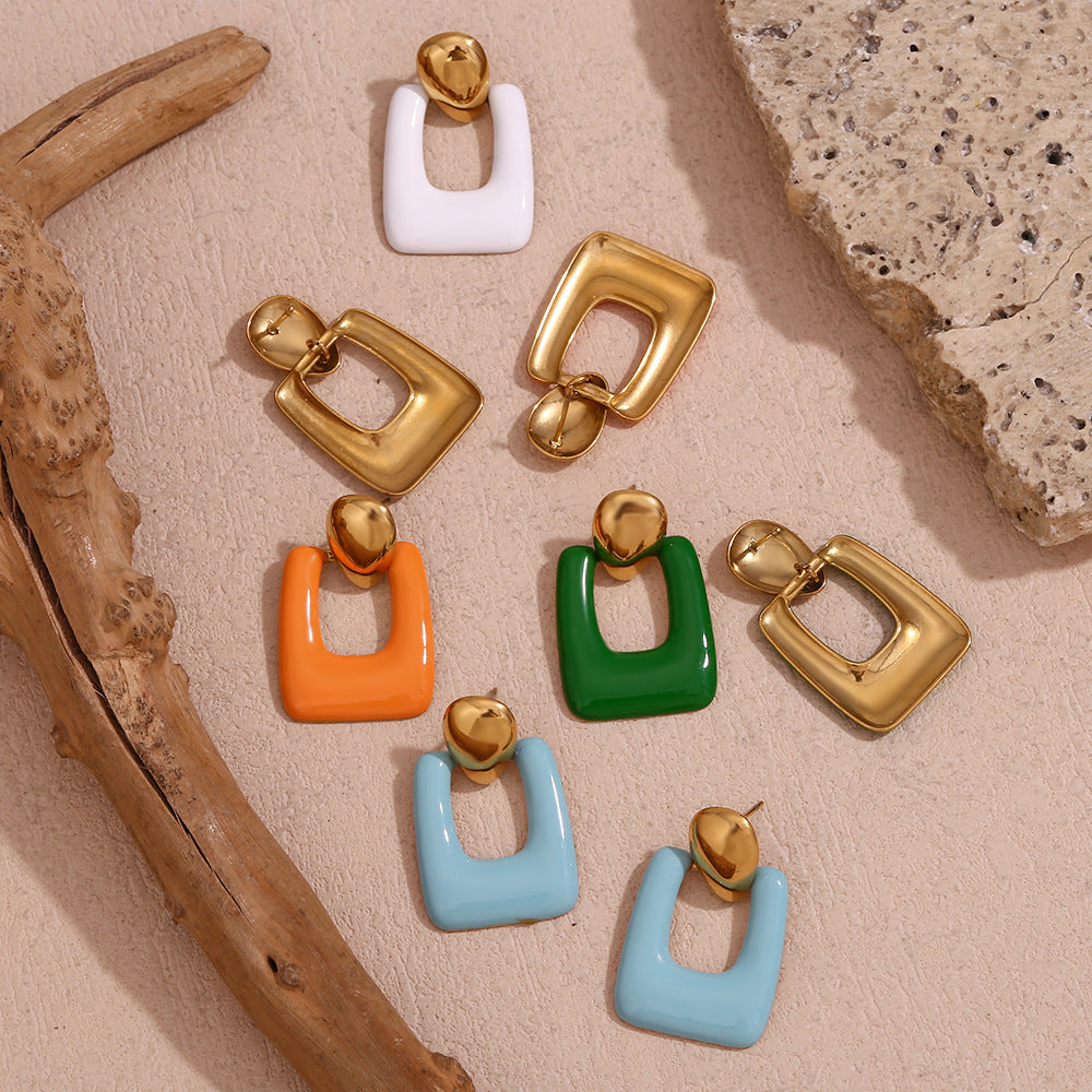Fashionable Minimalist Geometric Stainless Steel Earrings with 18K Gold Plating and Enamel Coloring