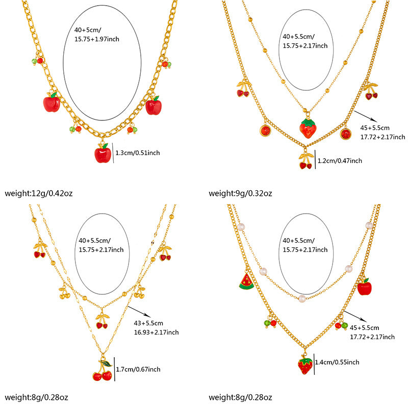 Sweet Cartoon Red Drip Oil Fruit Pendant Necklace Stainless Steel Serpentine Chain Women