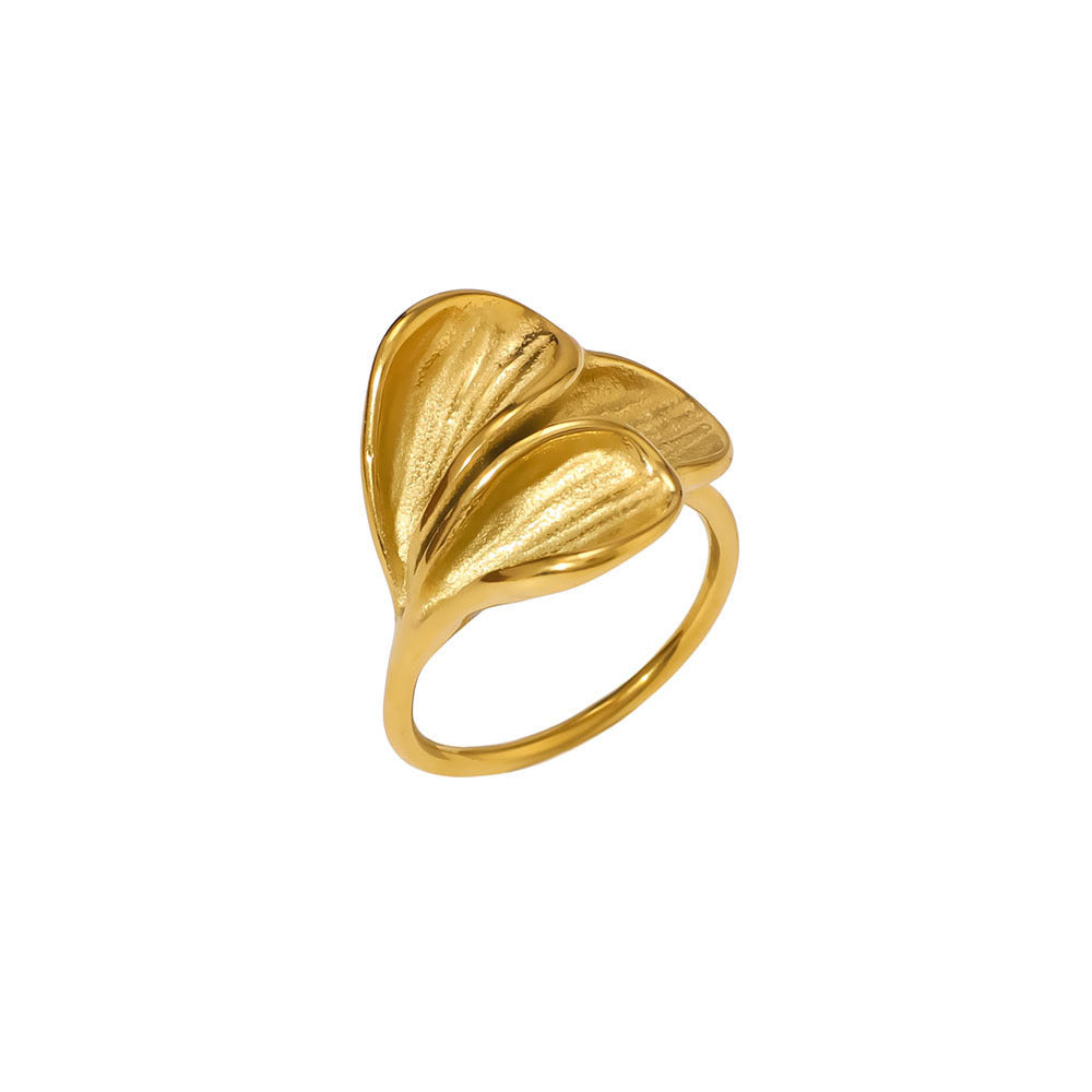 Geometric Wave Leaf Shaped Stainless Steel Plated Gold Ring with Textured Ruffled Asymmetrical Design for Women and Men