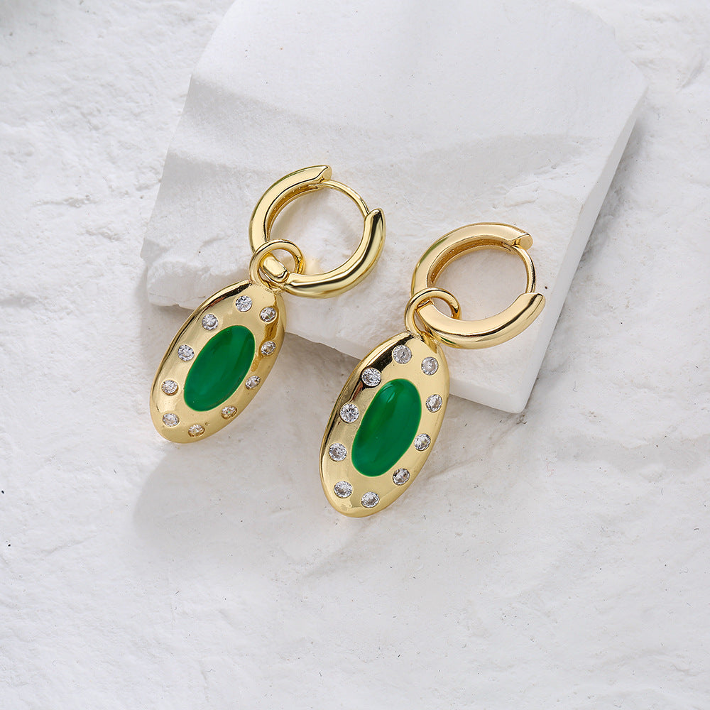 Minimalist Geometric Pendant Earrings in Copper with 18K Gold Plating and Enamel Finish, Micro-Paved Zirconia