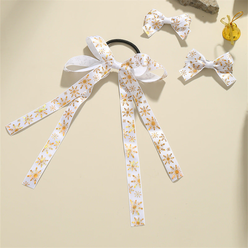 Pinzas para el pelo y gomas de pelo con diseño minimalista de lazos y copos de nieve para niños, accesorios para el pelo de tela blanca con temática navideña