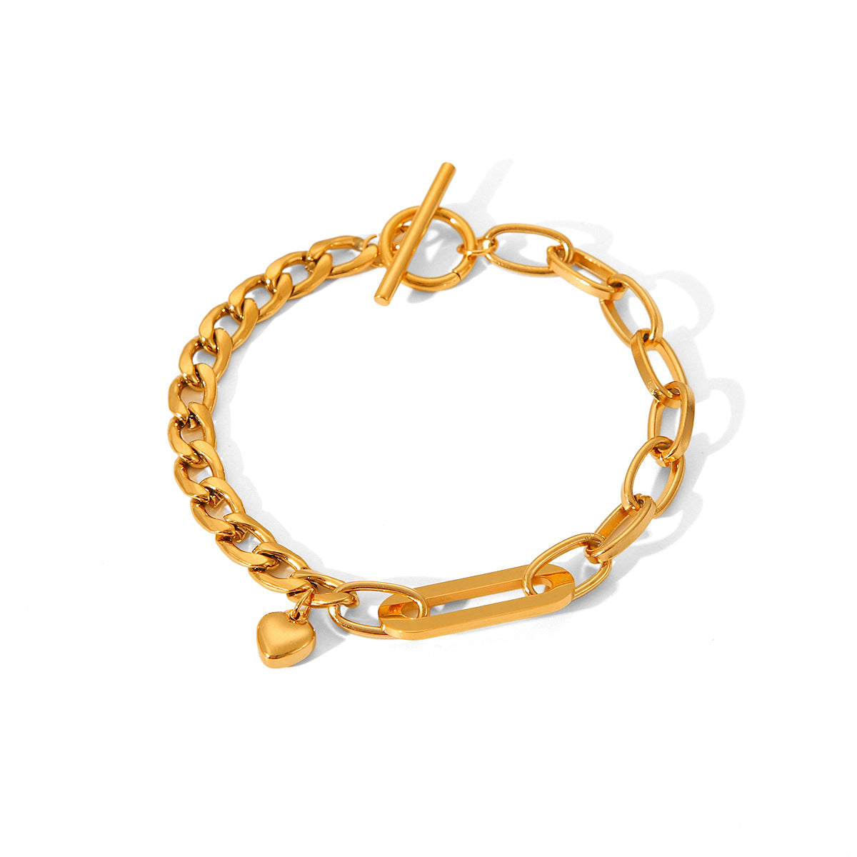 Pulsera de cadena cubana de acero inoxidable chapado en oro de 18 quilates estilo Ins con eslabones ovalados y colgante de corazón con cierre OT para mujer