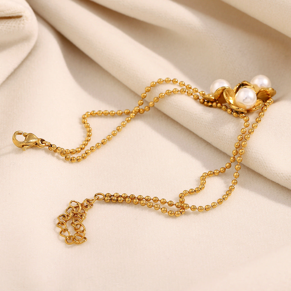 Fashionable OL Style Floral Shape Stainless Steel Plated 18K Gold Beaded Bracelet for Women