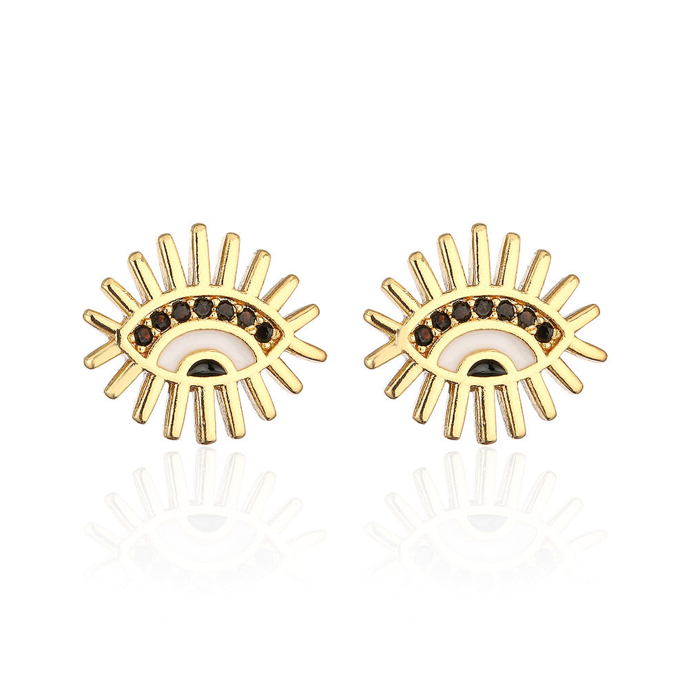 Minimalist Geometric Evil Eye Stud Earrings in Copper with Real Gold Plating and Zircon Inlay