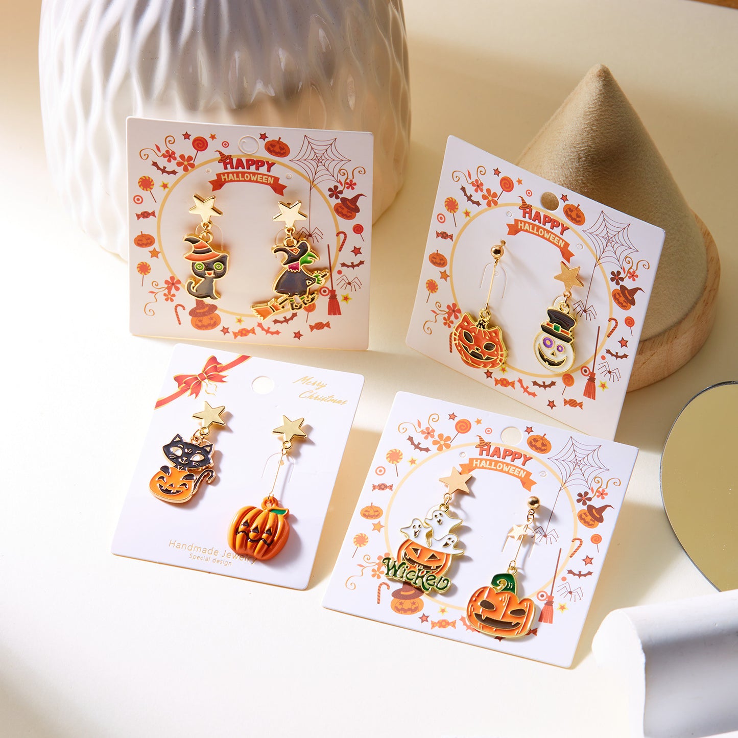 Pendientes asimétricos de aleación con diseño de calabaza y fantasma para mujer, con baño, temática de Halloween