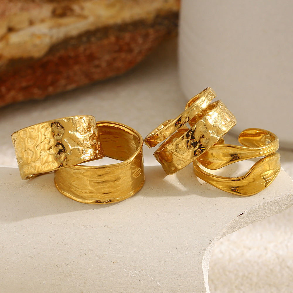 Minimalist 18K Gold Plated Geometric Hammered Textured Wide Band Open Ring for Women