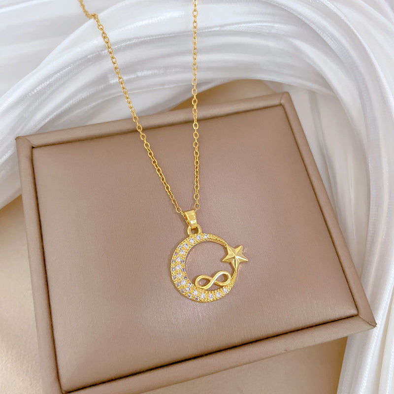 Collana con pendente a stella e luna in strass di lusso per donna in acciaio al titanio, catena sottile per clavicola, design geometrico