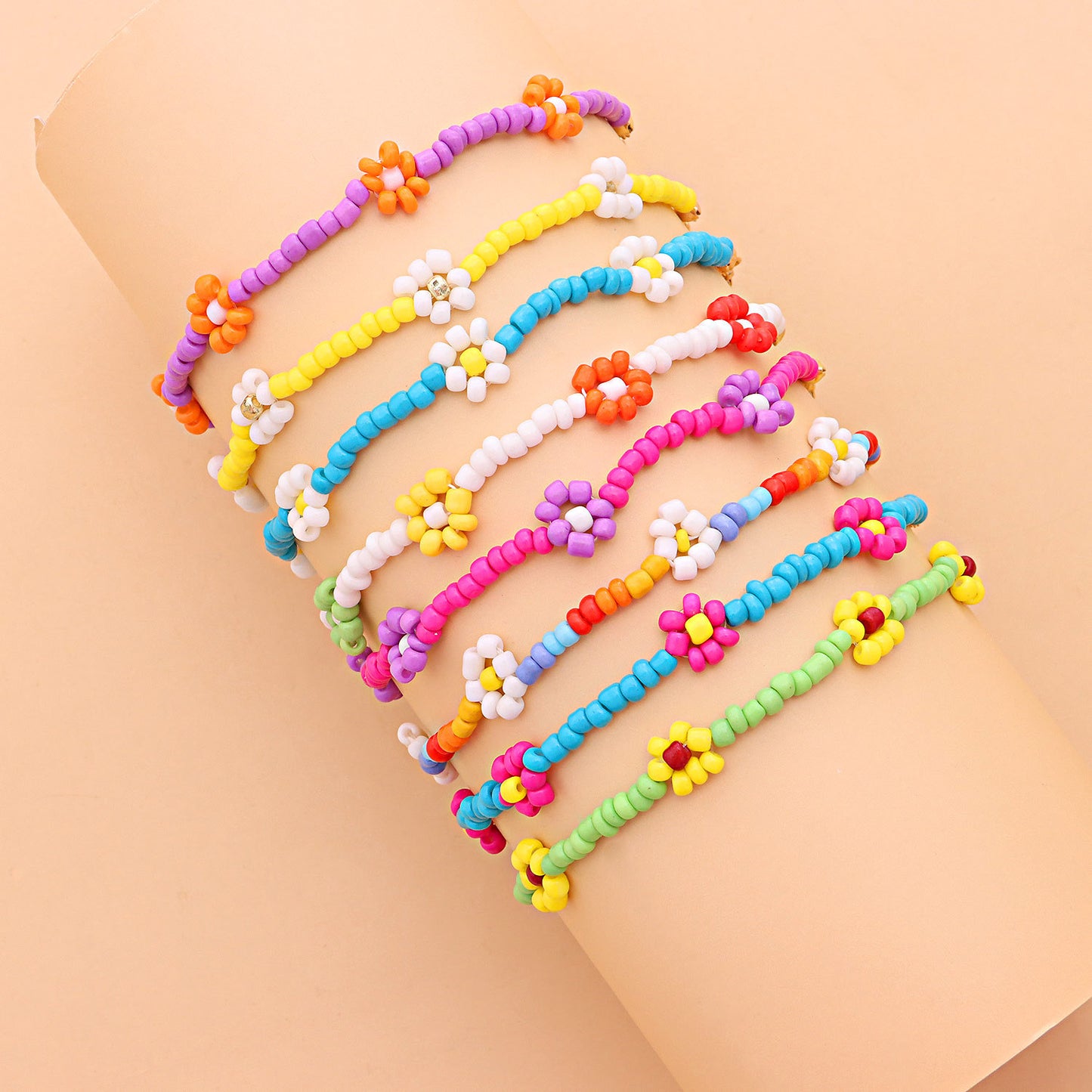 Floral Anklet for Women Handmade Beaded Colorful Flower Design Anklet Set for Beach Fashion