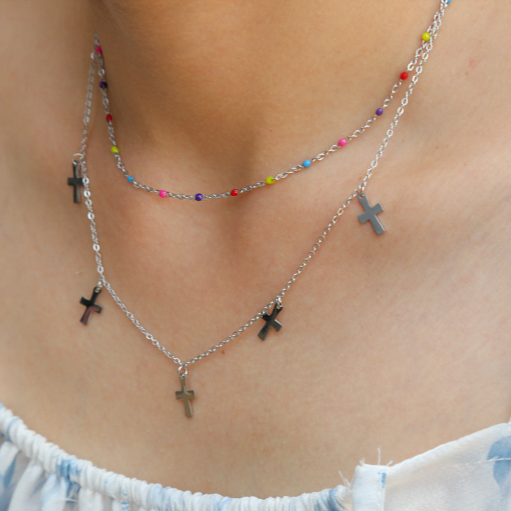 Collana Pendente a Croce Stile Principessa per Donna, Acciaio Inossidabile, Doppia Strato, Acciaio al Titanio, Catena Clavicola con Perline Colorate e Finitura Elettroplaccata