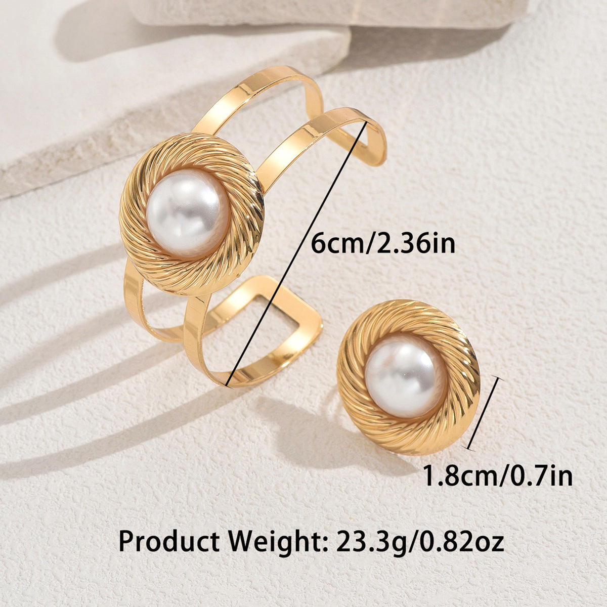 Set di bracciale e anello da donna a cerchio geometrico con intarsio di perle in lega