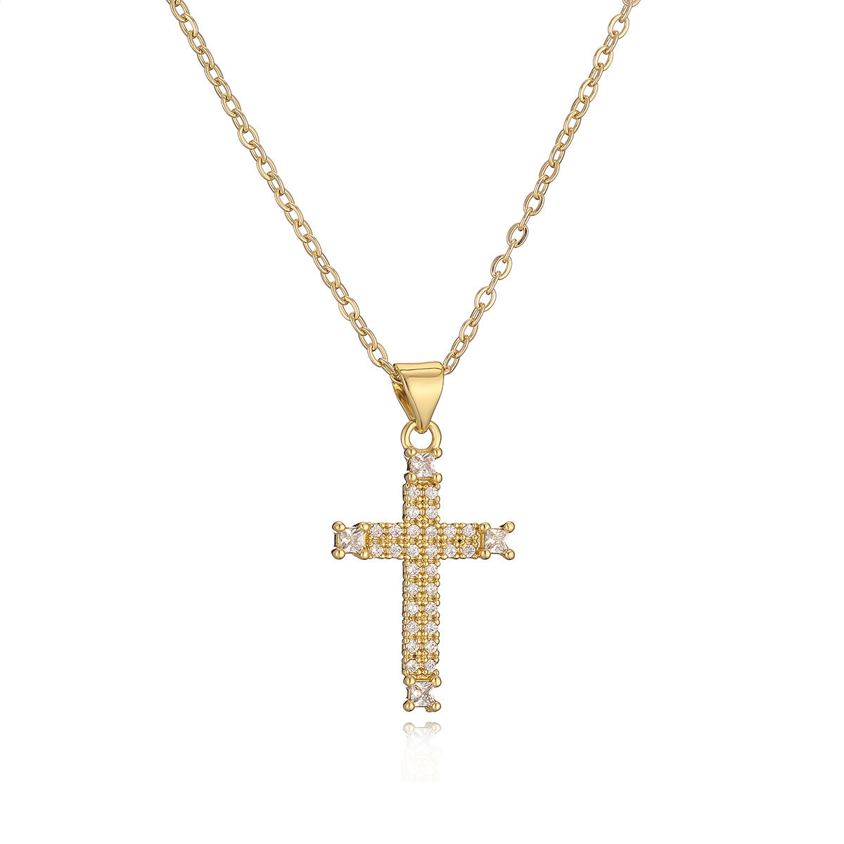 Collana con ciondolo a croce geometrica minimalista da donna in rame con zirconi completi