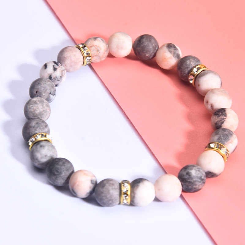 Elegant 8mm Pink Zebra Agate Beaded Bracelet with Rhinestone Inlay Unisex Geometric Jewelry