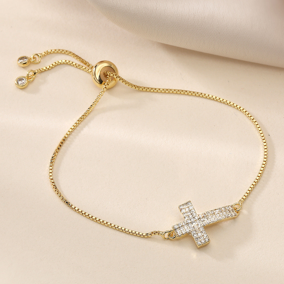 Minimalist Luxury 18K Gold Plated Brass Cross Bracelet with Cubic Zirconia for Women