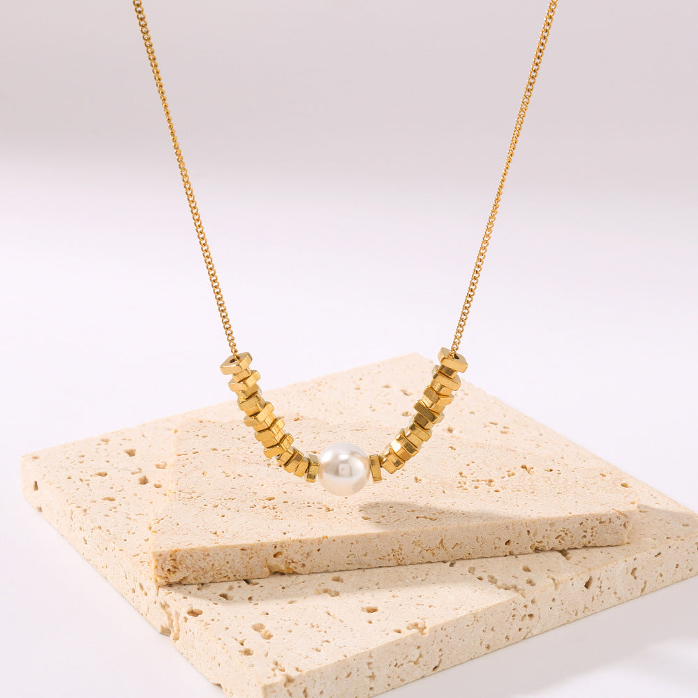 Ins Style Geometric Gold Block Pearl Pendant 18K Gold Plated Titanium Steel O-Chain Necklace for Women
