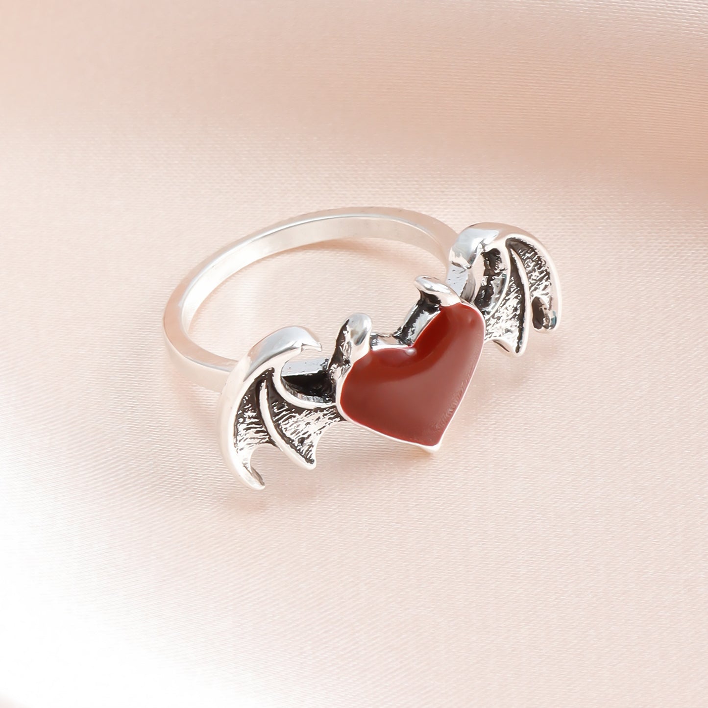 Retro-Style Red Enamel Heart-Shaped Metal Ring with Bat Wing and Demon Motif for Women