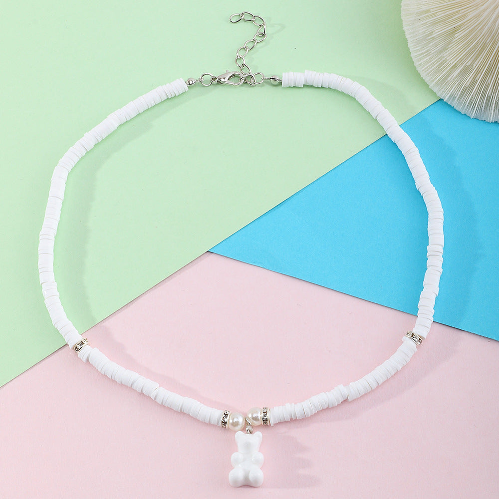Collar con Colgante de Oso de Resina Hecho a Mano para Niñas con Cadena de Perlas, Joyería de Diseño Minimalista de Animales Tiernos