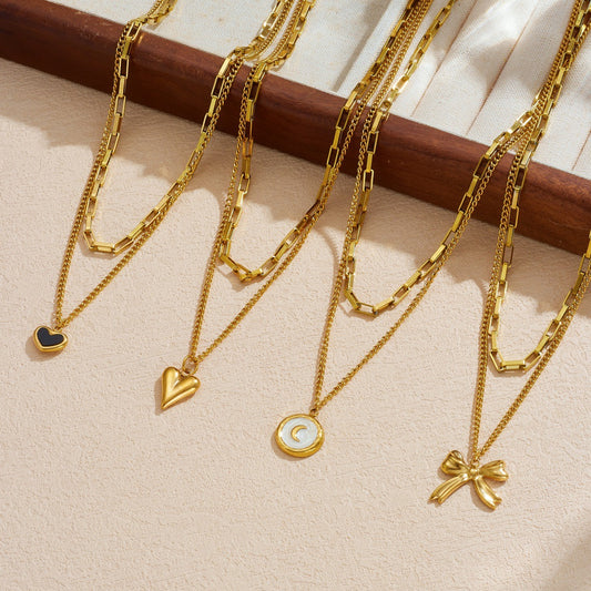 Elegant Vintage Gold Plated Stainless Steel Curb Chain Necklace with Heart and Bow Pendants