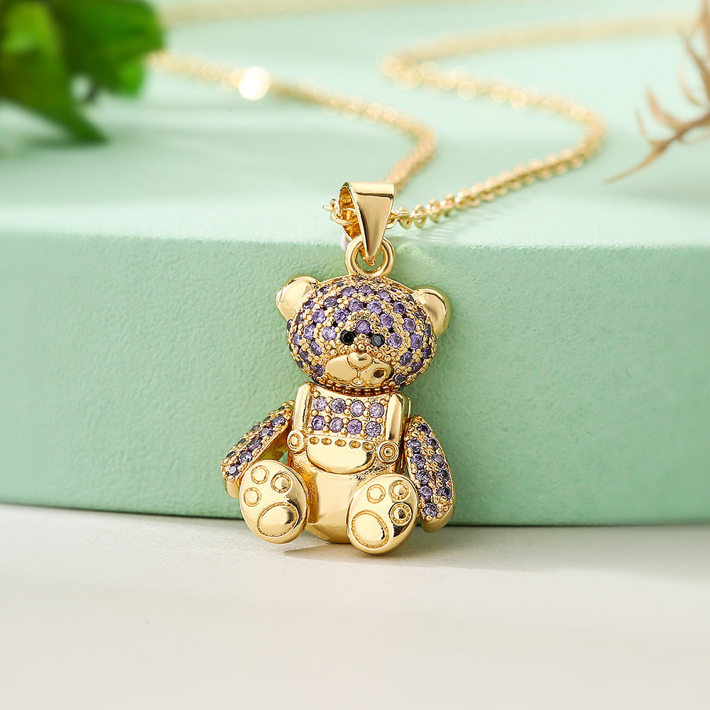 Minimalist Bear-Shaped Copper Pendant Necklace with 18K Gold Plating and Zircon Accents for Women