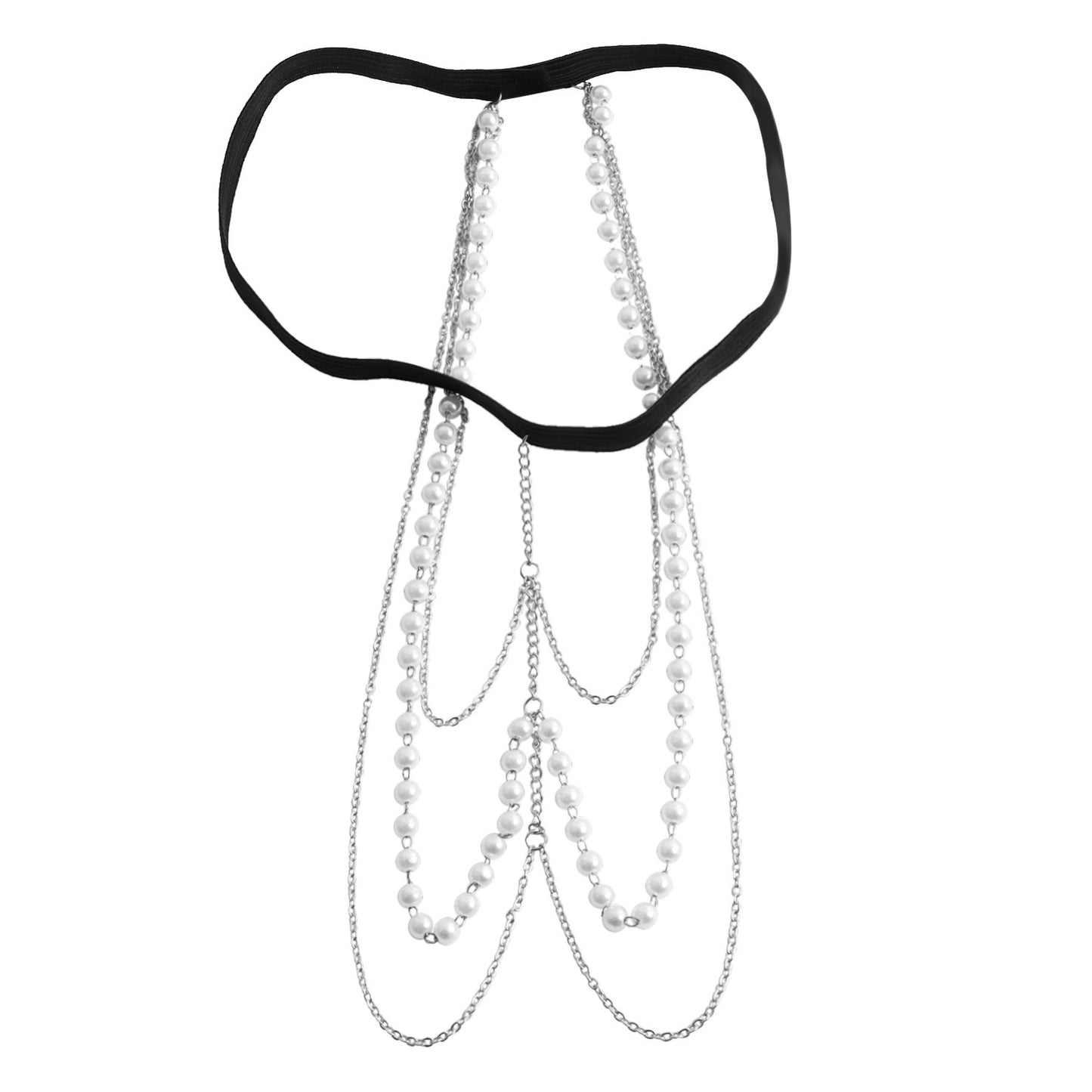 Geometric Alloy Anklet for Women with White Simulated Pearl Accents Long Body Chain Fashion Anklet