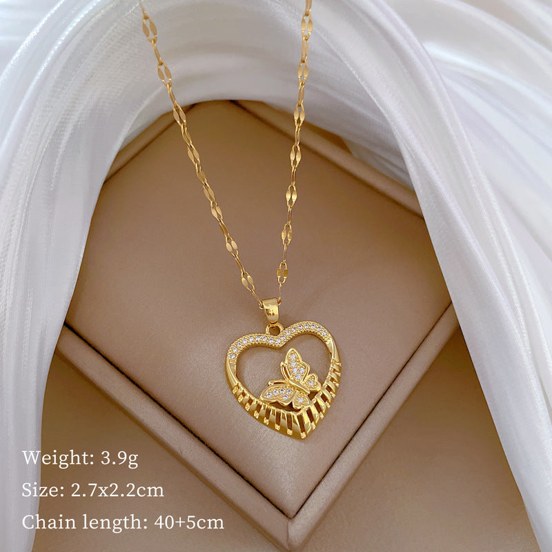 Collana di lusso in acciaio al titanio con cuore geometrico, strass e catena a labbra per donne e uomini