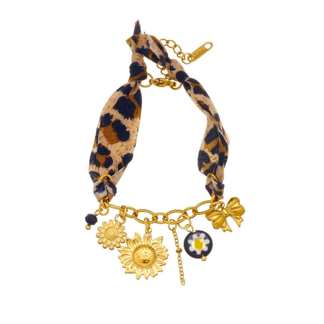 Vintage Gold Plated Stainless Steel Sunflower Bow Leopard Print Chain Bracelet for Women