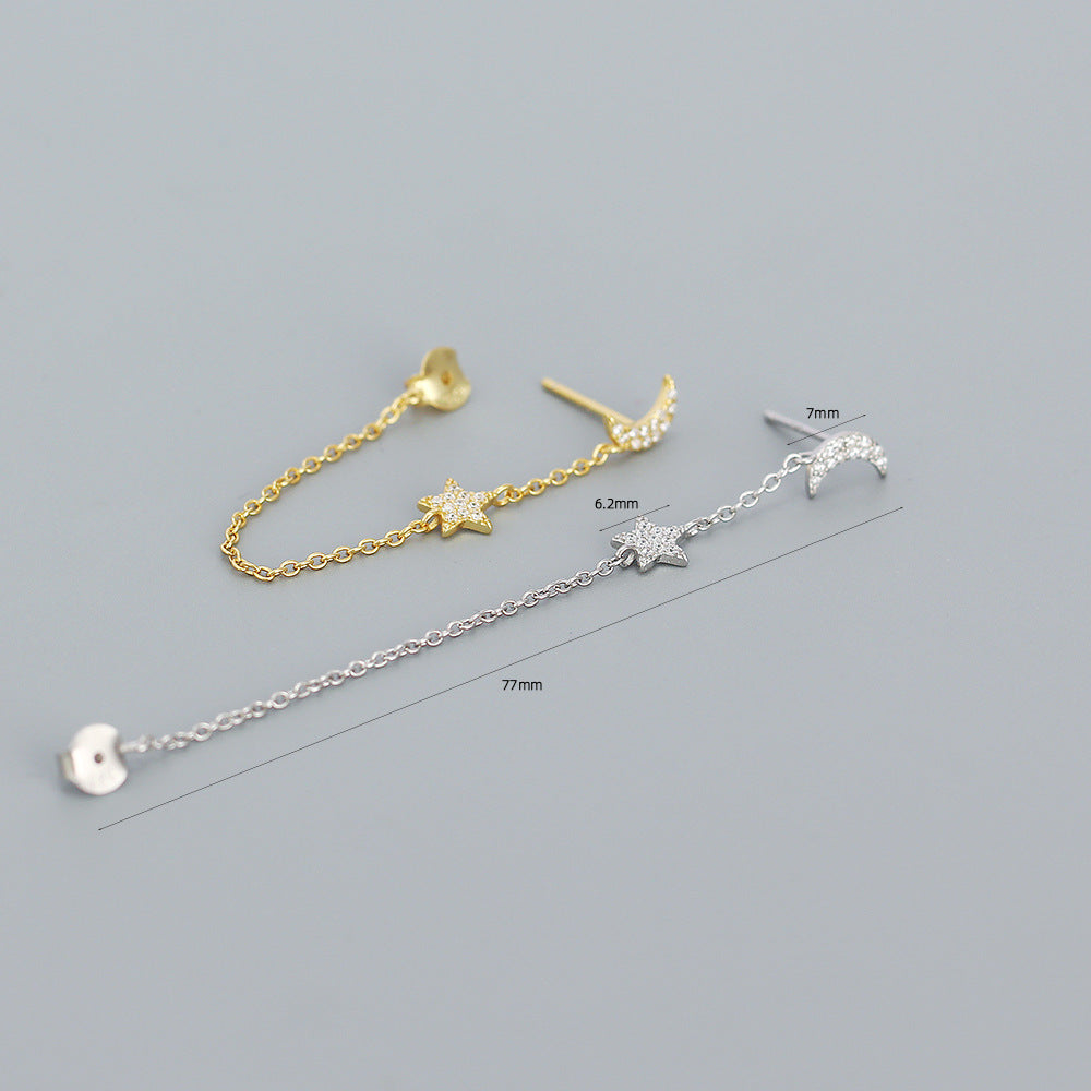 Orecchini in Argento Sterling 925 a Stella e Luna Geometrici con Inlay di Zirconi Cubici e Nappa a Catena Pendente