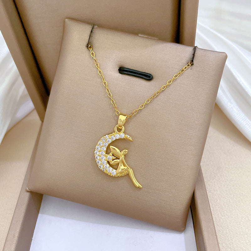 Collar de Luna con Colgante de Pedrería de Lujo para Mujer, Cadena de Acero de Titanio, Joyería Elegante Minimalista para Clavícula