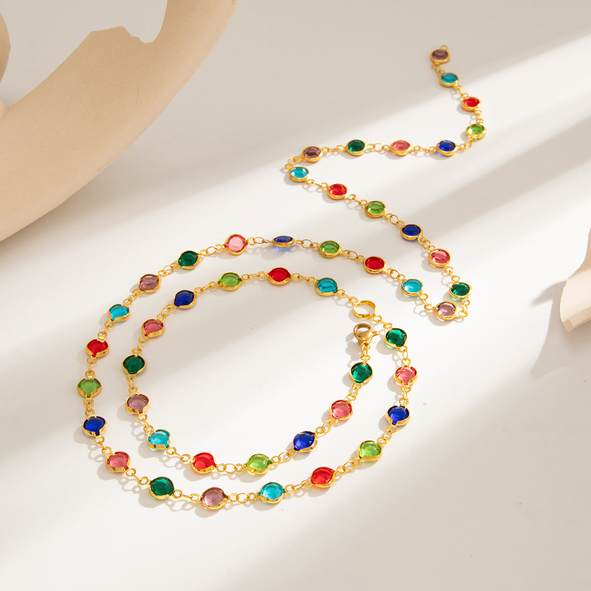 Hip-hop Cross Pendant Stainless Steel Necklace with Crystal Colorful Chain for Women