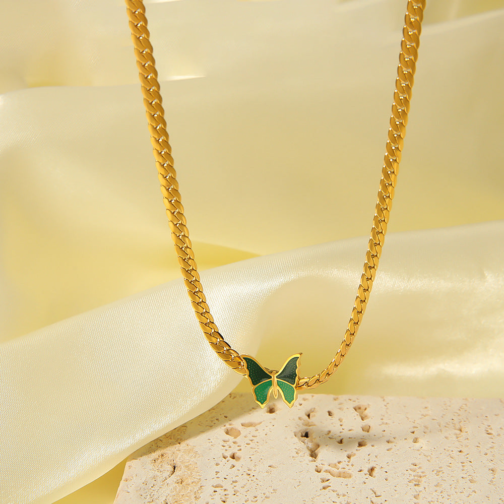 Vintage French Style Green Butterfly Pendant Necklace in Stainless Steel with 18K Gold Plating on Snake Chain for Women