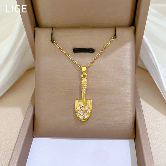 Luxury Sweet Geometric Moon Pendant Necklace with Rhinestone Inlay Stainless Steel Chain