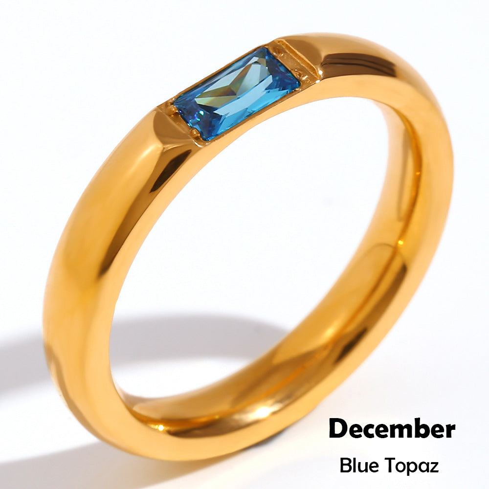 Anillo Minimalista Geométrico de Acero Inoxidable con Baño de Oro de 18K y Piedra Natal de Zirconia Rectangular para Mujer