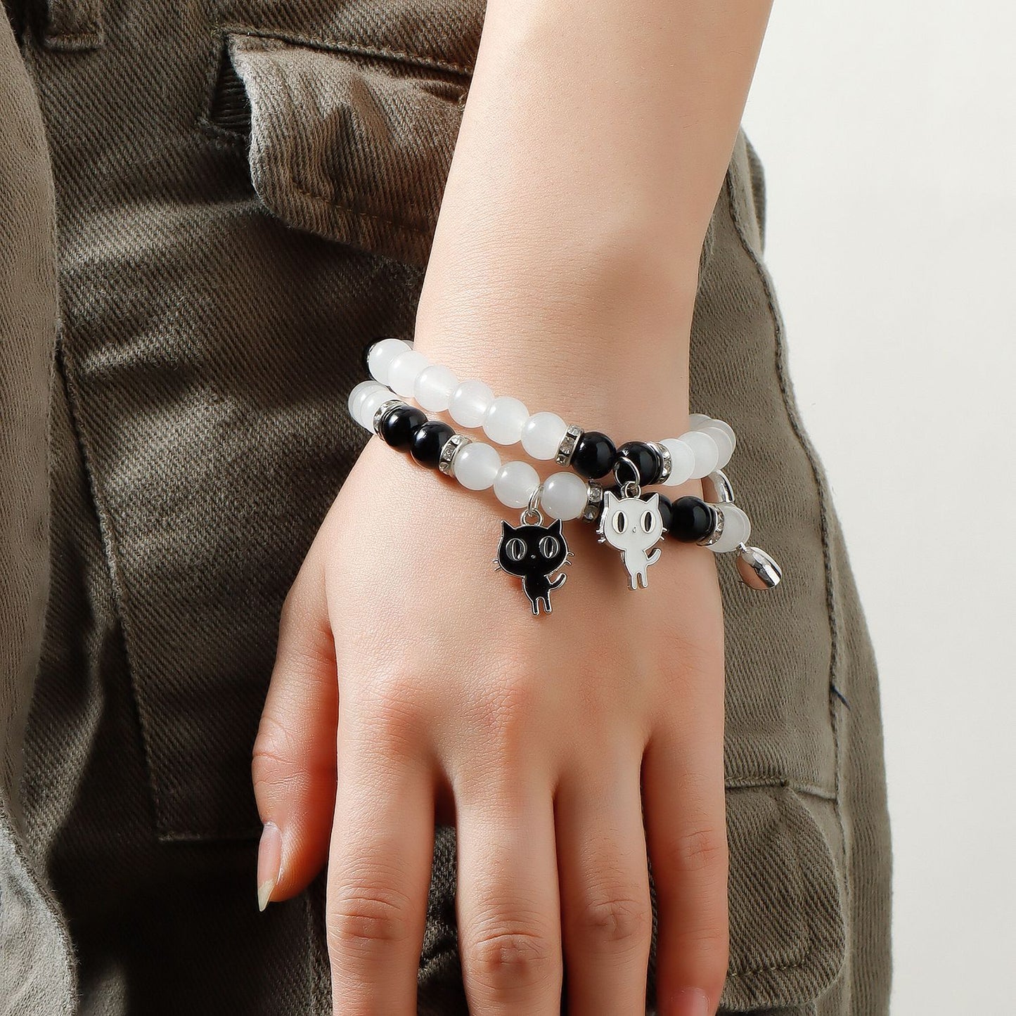 Geometric Style Magnetic Crystal Beaded Friendship Bracelet Set for Couples with Plated Metal Construction