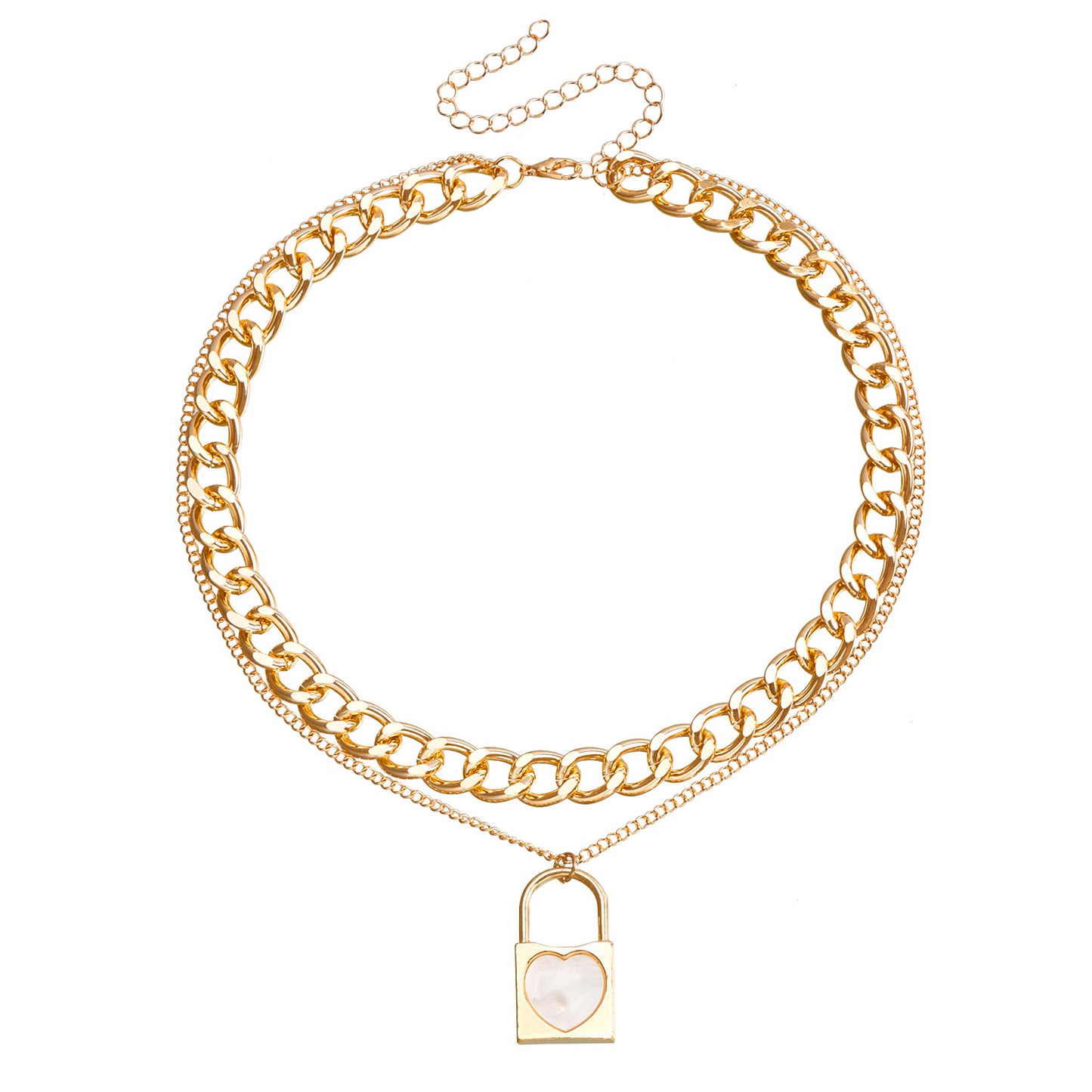 Elegant Two-Tier White Mother-of-Pearl Inspired Lock Pendant Necklace in Plated Metal with Clavicle Chain for Women