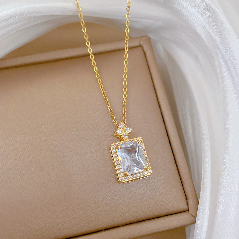 Sweet Full Cubic Zirconia Square Geometric Titanium Steel Necklace for Unisex
