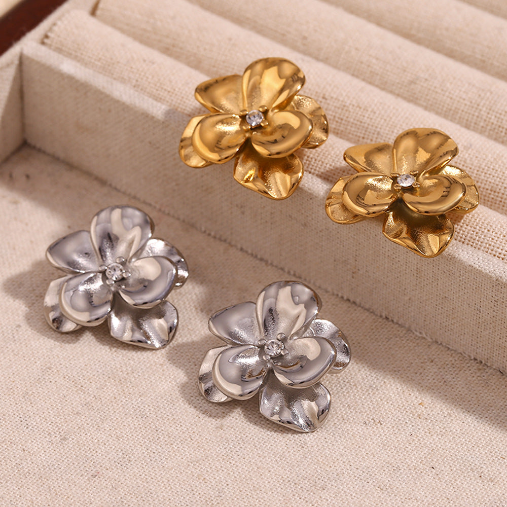 Vintage Floral Double-Layer Rhinestone Stud Earrings for Women in Stainless Steel with 18K Gold Plating
