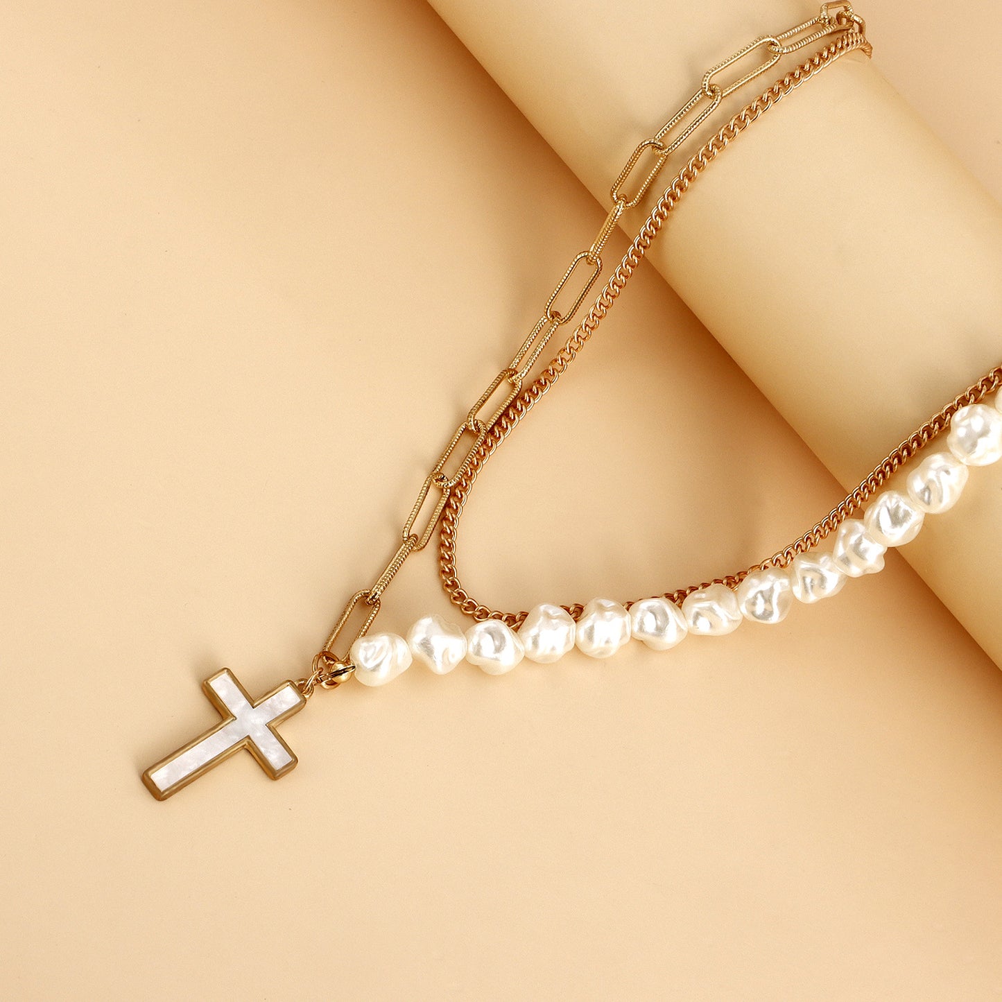 Fashionable Two-Tier Layered Cross Pendant Necklace for Women in Alloy with Electroplated Finish and White Mother-of-Pearl Inlay