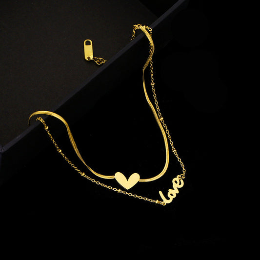 Minimalist Double-Layer Coin Anklet for Women in Titanium Steel with 18K Gold Plating, Heart-Shaped Design